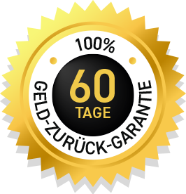 Gold badge with text stating ‘100% Money Back Guarantee – 60 Days’ in bold lettering.
