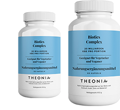 Two bottles of Theonia Probiotic Complex food supplement, containing 20 billion CFU per serving, labeled as suitable for vegetarians and vegans, each with 60 capsules