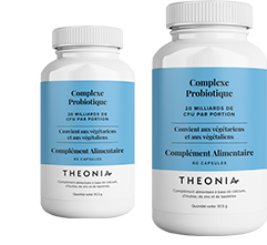 Two bottles of Theonia Probiotic Complex food supplement, containing 20 billion CFU per serving, labeled as suitable for vegetarians and vegans, each with 60 capsules