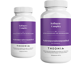 Two bottles of Theonia Collagen Complex food supplement with hyaluronic acid and sea kelp, each containing 60 capsules